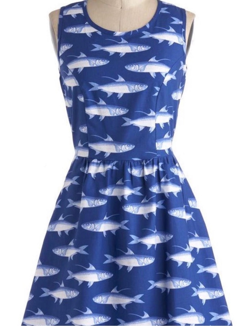 Retrolicious Mod Cloth Blue Sleeveless Dress with White Fish Print Size Small